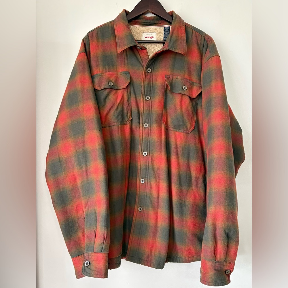 Wrangler Sherpa Lined Plaid Flannel Shirt Jacket Heavyweight Shacket Size XXL